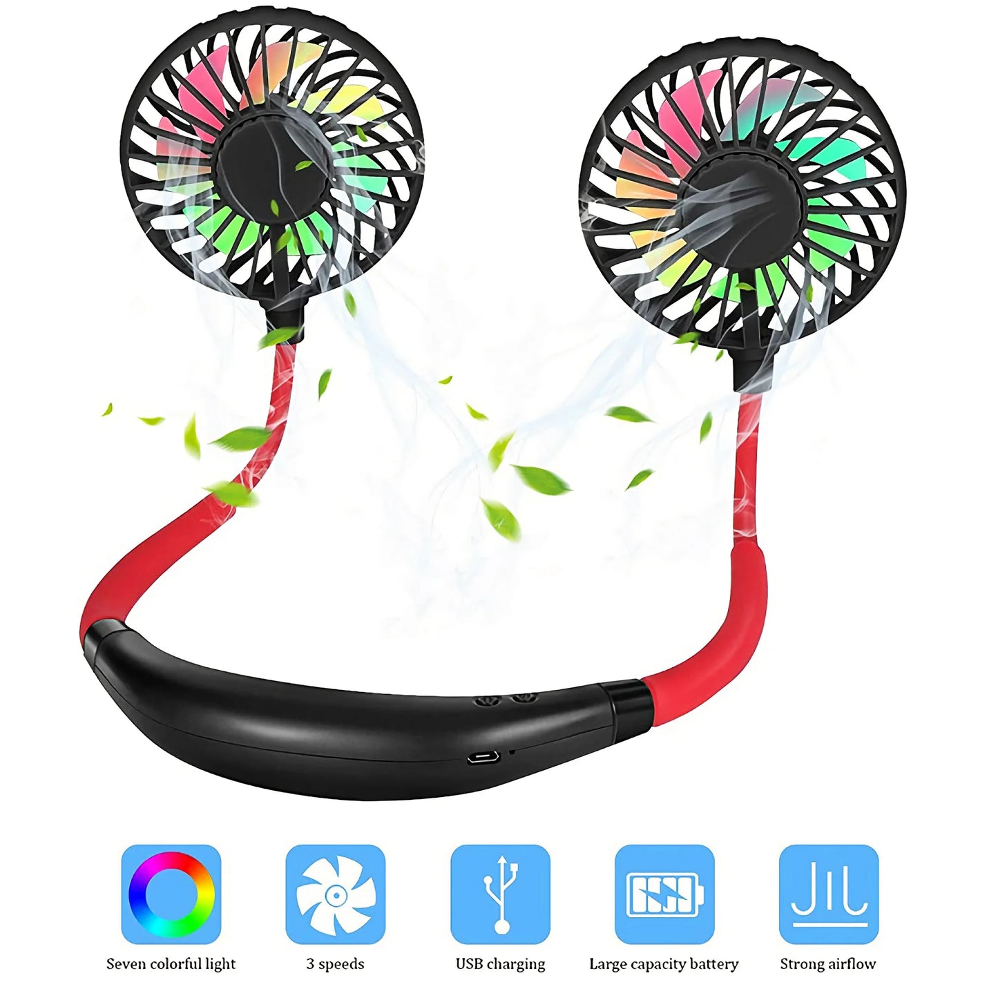 Lazy Portable Silent Neck Fan – Wearable Rechargeable Dual Fan with LED Light & 3-Speed Control
