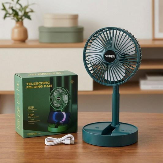 Super Telescopic Folding Fan – Portable USB Rechargeable Desk Fan with 180° Adjustable Air Supply