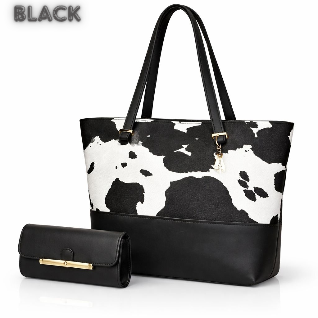 2 Pcs Premium Cow Print Tote Bag Set for Women – Black