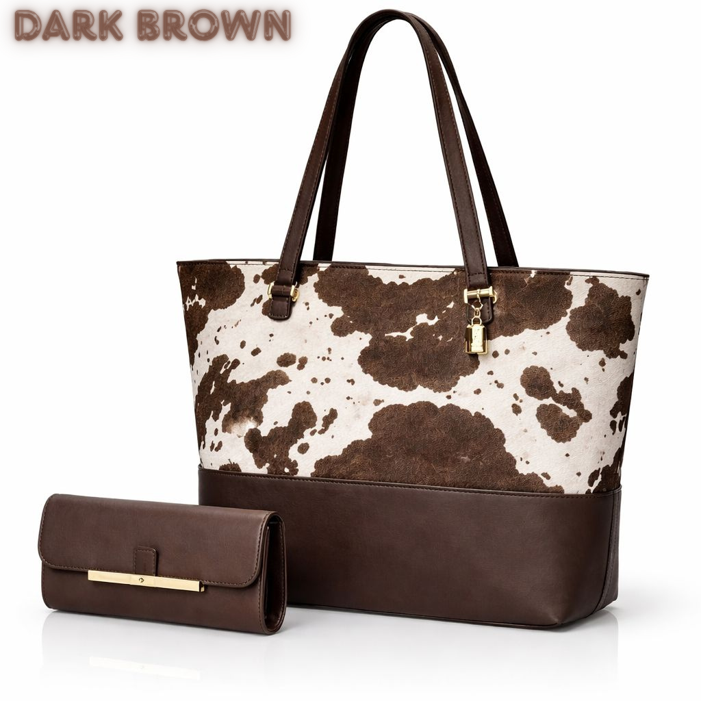 2 Pcs Premium Cow Print Tote Bag Set for Women – Black