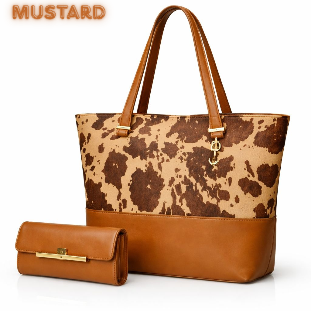 2 Pcs Premium Cow Print Tote Bag Set for Women – Black