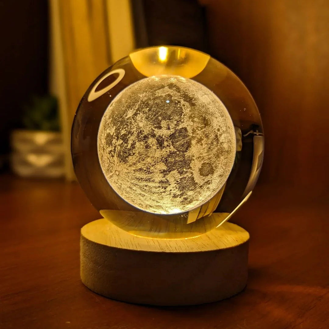 3D Galaxy Crystal Ball Lamp with Wooden LED Base – Decorative Night Light (Only Moon Shape)
