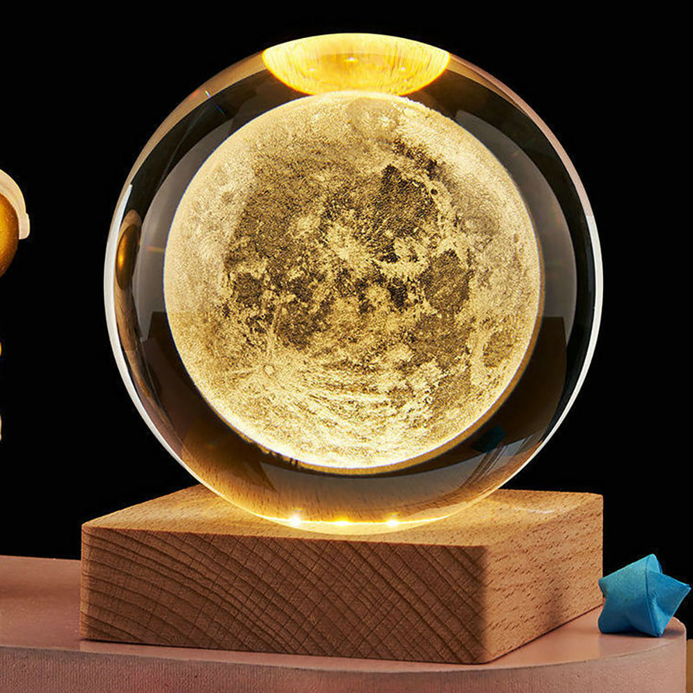 3D Galaxy Crystal Ball Lamp with Wooden LED Base – Decorative Night Light (Only Moon Shape)